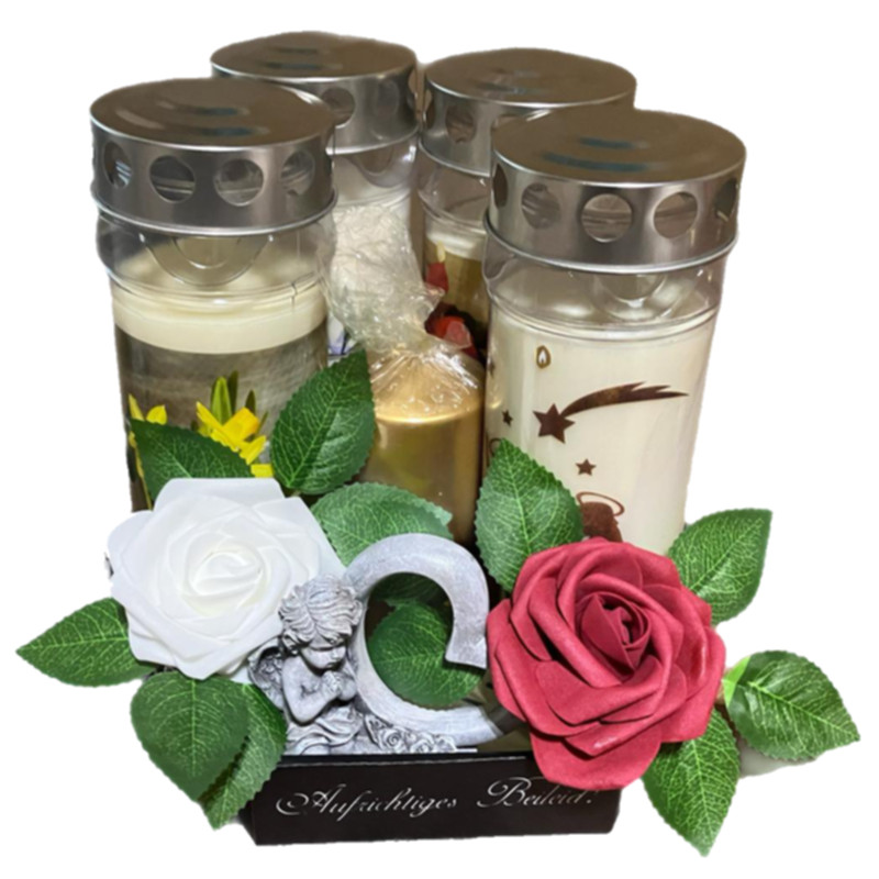 Trauer-Gedenk-Set mit Engel, Rosen, Gedenkkerze &  7 Tages Qualitäts-Kerzen von Hofer-Kerzen